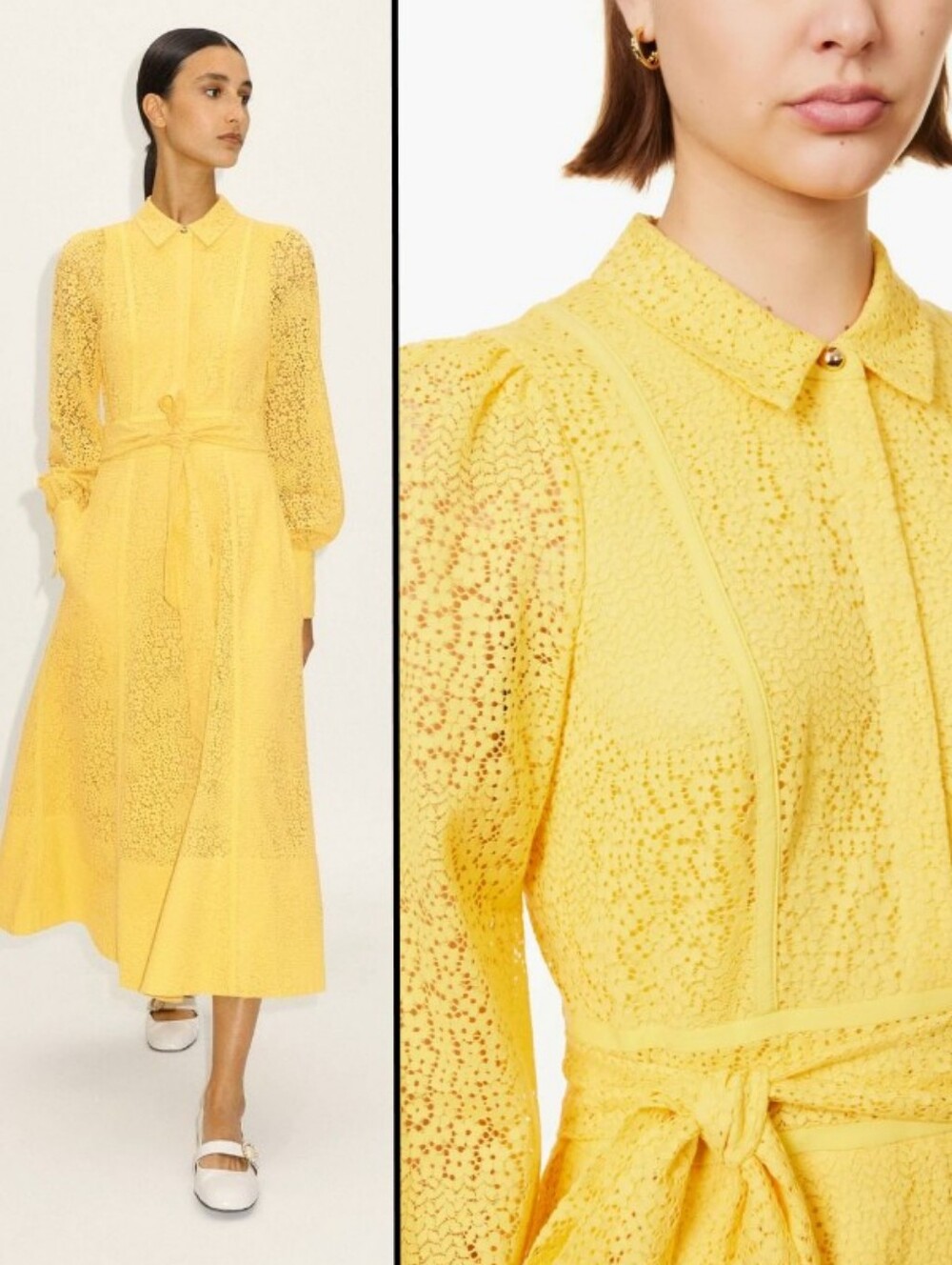 ME+EM Yellow Broderie Floral Lace Midi Shirt Dress Luxury Cocktail Wedding Sz 8